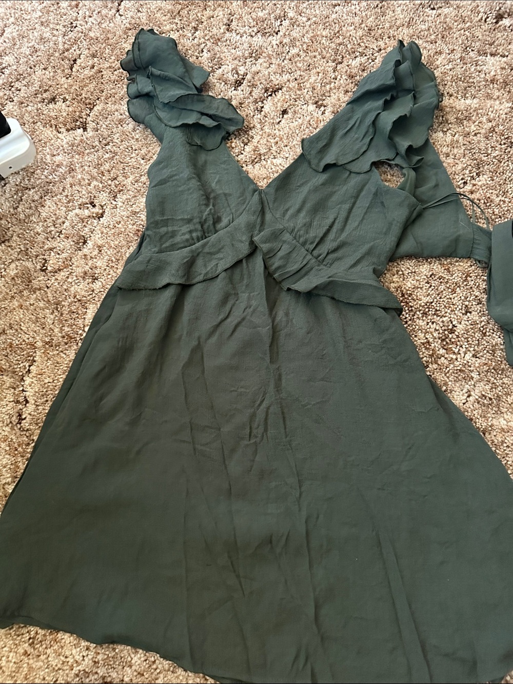Ruffled V-Neck Olive Green Dress